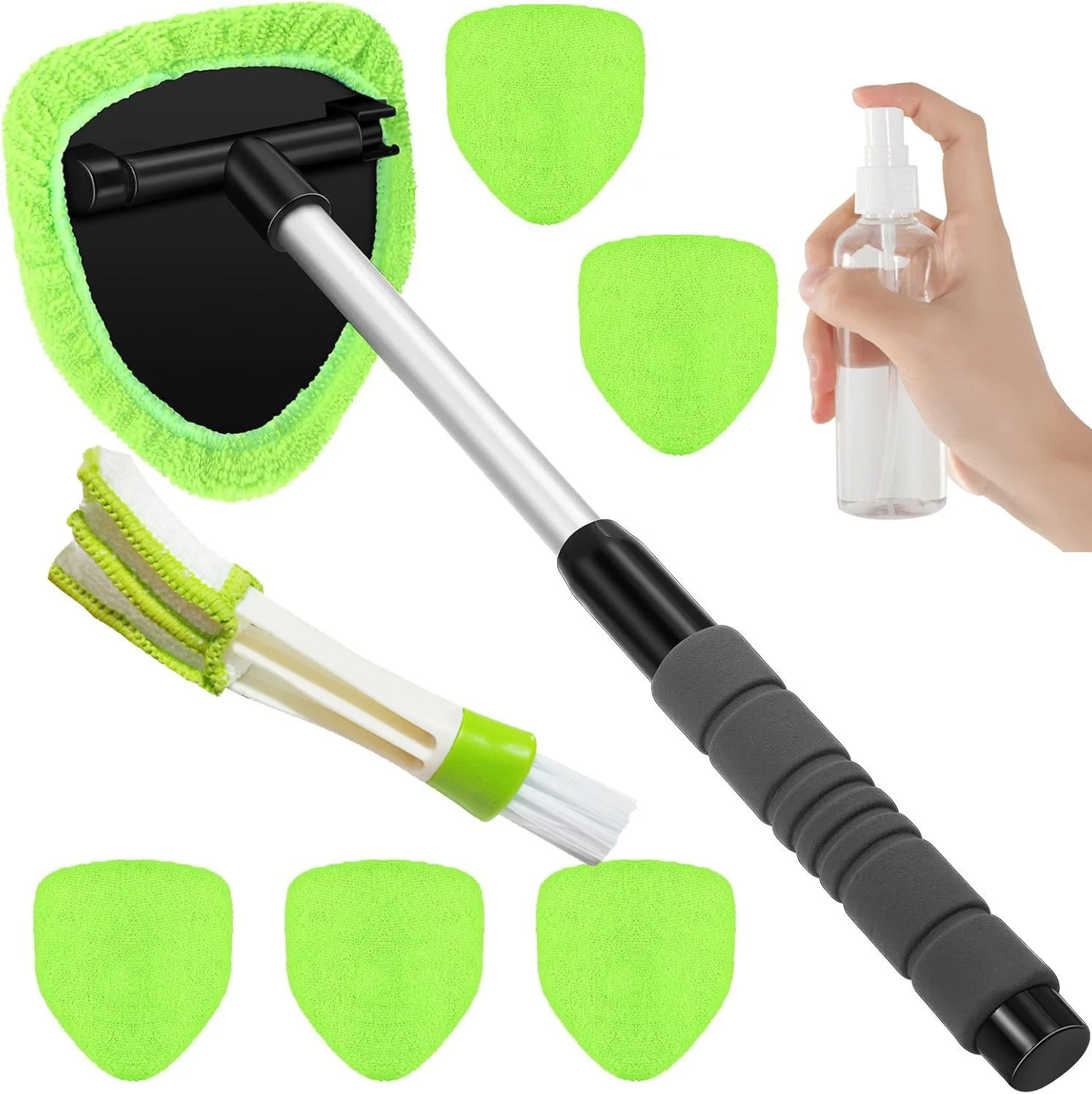 Windshield Cleaning Tool, Extendable Handle Car Window Cleaner with 5 Reusable and Washable Microfiber Pads, 1 Empty Spray Bottle for Auto Glass Wiper Suvs Rvs,Auto Glass Wiper Kit for Interior & Exterior, Ideal for Dirty Car Windows (Green)