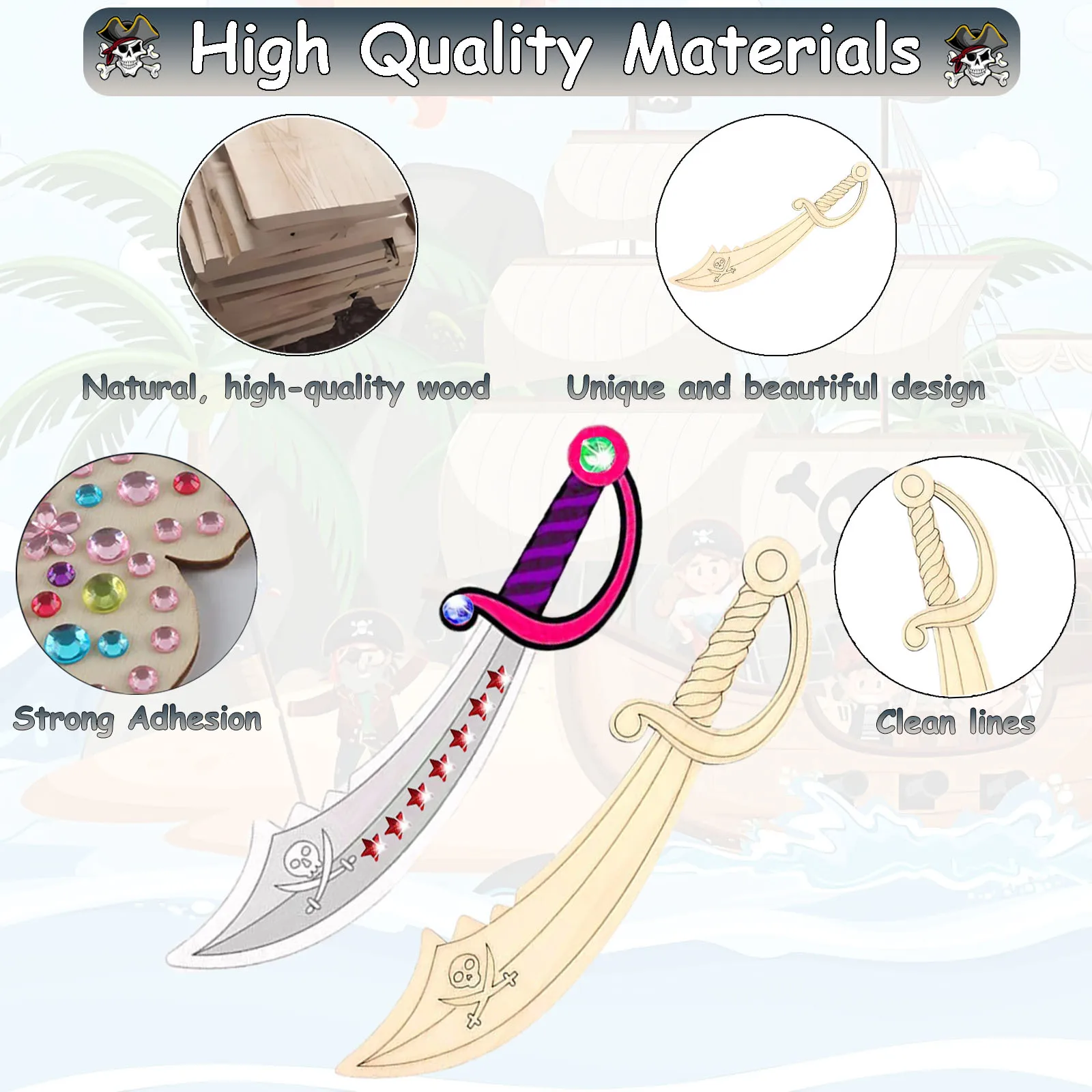 216PCS onvoltooide DIY houten piratenmessenset, houten handgemaakte schilderambachten, geschikt voor verschillende feesten, feestcadeaus