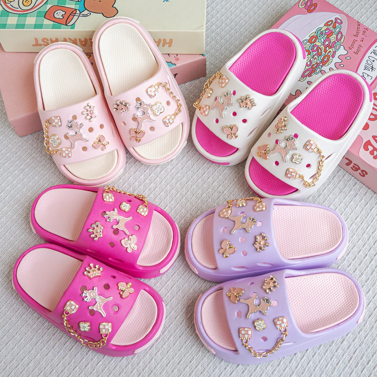 New Popular Cartoon Crown Pink Deer Versatile Girls' Eva Slippers Fashionable Dual-Color Soft-Soled Non-Slip Sandals 831