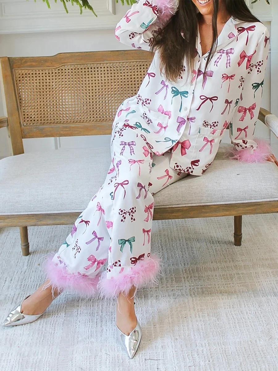 Women Feather Trim Silk Satin Pajama Set Christmas Button Down Shirts and Pants Outfit Sleepwear Loungewear