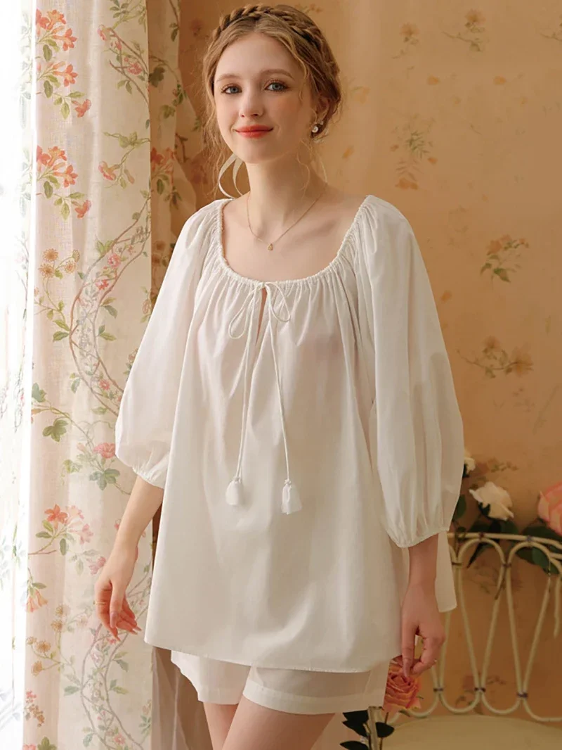 Women Spring Summer New Sweet Girls Cotton Pajama Nightwear Two Piece Sets French Split Sleeve Top Shorts Loose Home Sleepwear