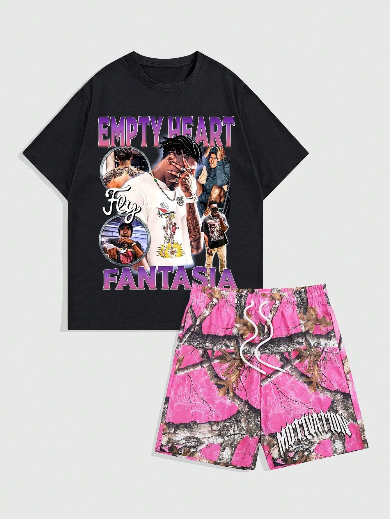 Men\'s round neck casual summer T-shirt with cartoon characters and letter patterns, short sleeves and drawstring shorts