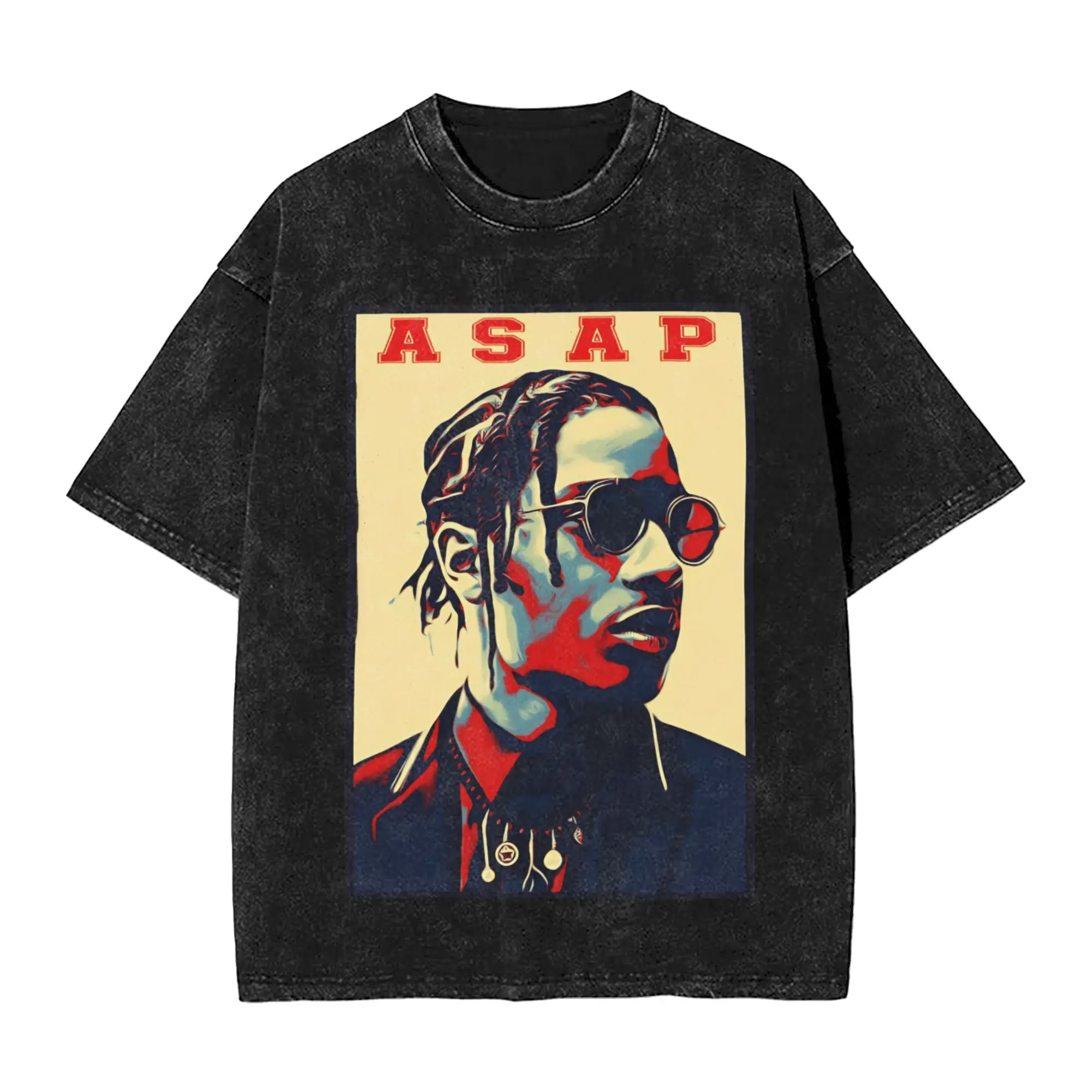 Novelty Asaps Hiphop Music Vintage Washed T Shirt Men's Round Neck Short Sleeve Tops A$AP  Cotton Summer TopsTops