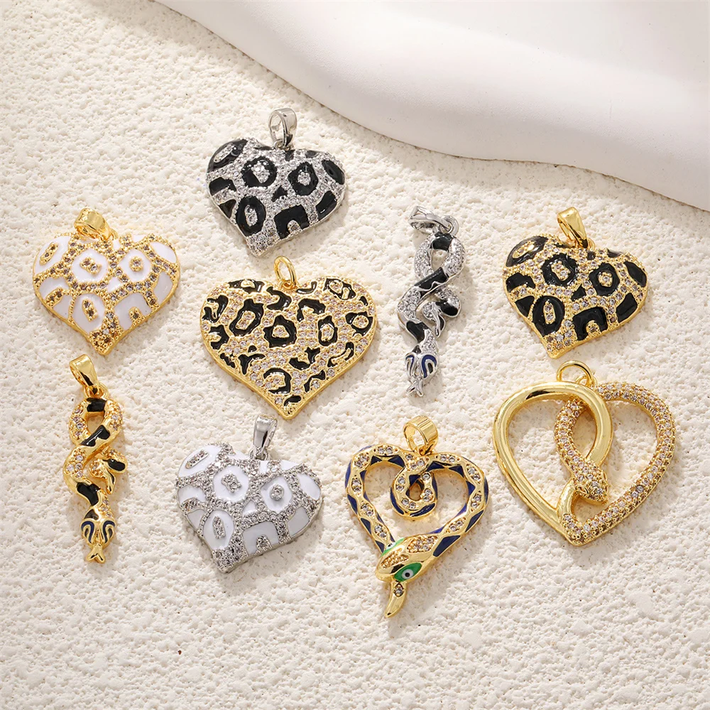 Diy Jewelry Making Charm 18k Copper Gold Plated Leopard Pattern Love Pendant Peach Heart Snake Zirconium Color Preserving Charms