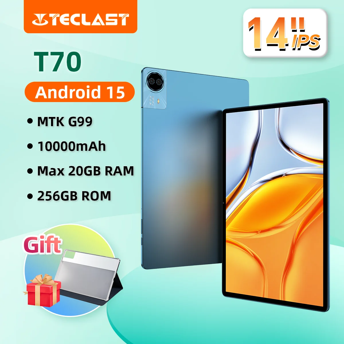 Teclast T70 14インチタブレット Android 15 MTK Helio G99 Max 20GB RAM（8GB+12GB拡張）256GB ROM タブレット 10000mAh 18W 4G LTE GPS