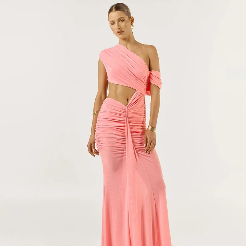 

One-Shoulder Ruched Women Maxi Dress Draped Bodycon Party Gown Pink Black Hollow High Waist Evening Skirt New Arrival In Stock