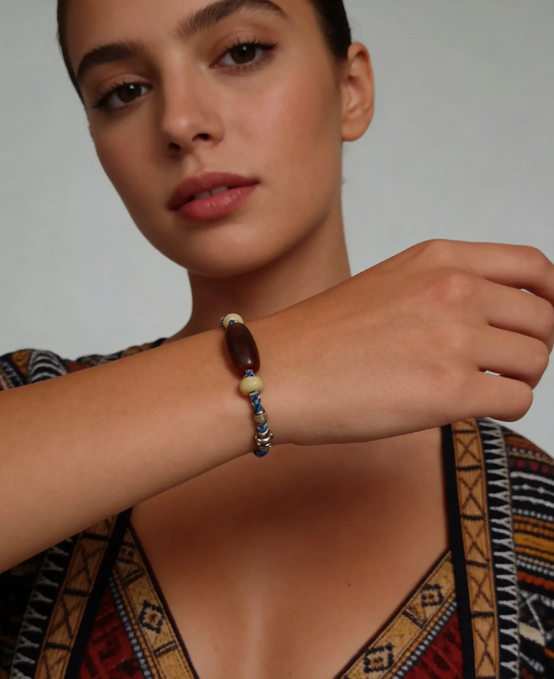 

Handmade Natural Stone Beaded Bracelet Original Vintage Designer Crafted Rope Jewelry Accessory