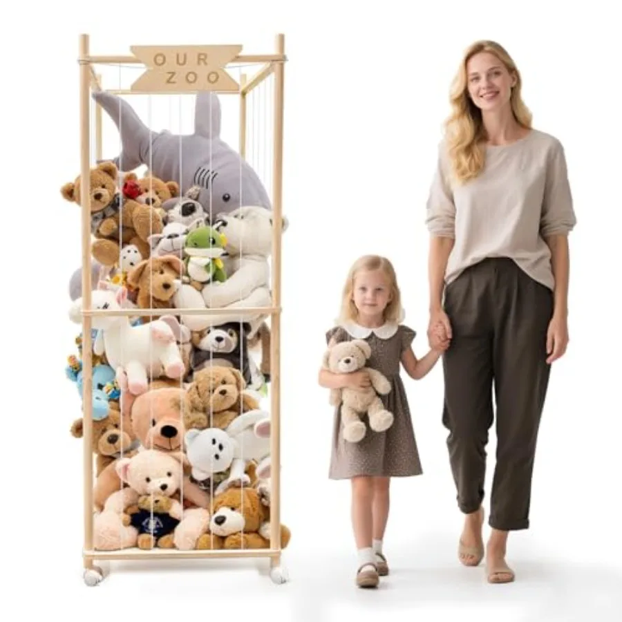 

Stuffed Animal Storage Zoo with Wheels Wooden Large Stuff Animals Plushies Holder 22.5" D x 22.5" W x 64" H Toy Organizer Stora