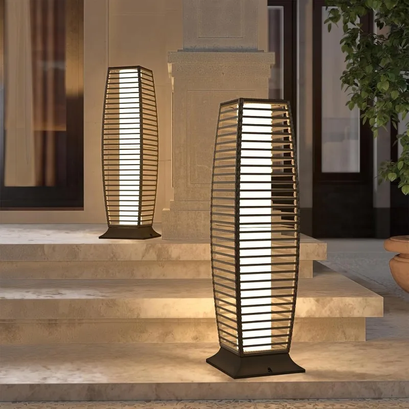 جراند فناء 2 قطعة مصباح أرضي خارجي يعمل بالطاقة الشمسية فانوس مقاوم للماء الخوص بوهو مصابيح للأرضيات لديكور شرفة الحديقة ، #1