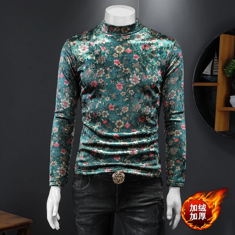 

Floral 3D Print Green T Shirt For Men Long Sleeve Slim Fit Casual Winter Quality Velvet Soft Comfortable Wash And Wear Camisetas