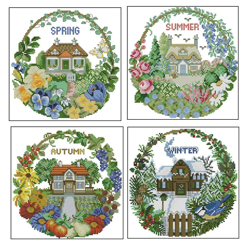 

Cross-stitch kit for the four seasons: 28ct, 18ct, 14ct, 11ct, hand-selectable printed fabric hand-embroidery material package