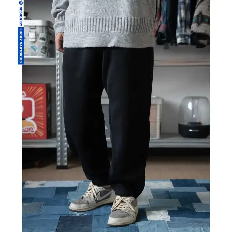 New Heavy-duty Composite Thick Velvet and Elastic Drawstring Loose Fit Small Feet Warm Sanitary Pants Casual  for Men Trendy