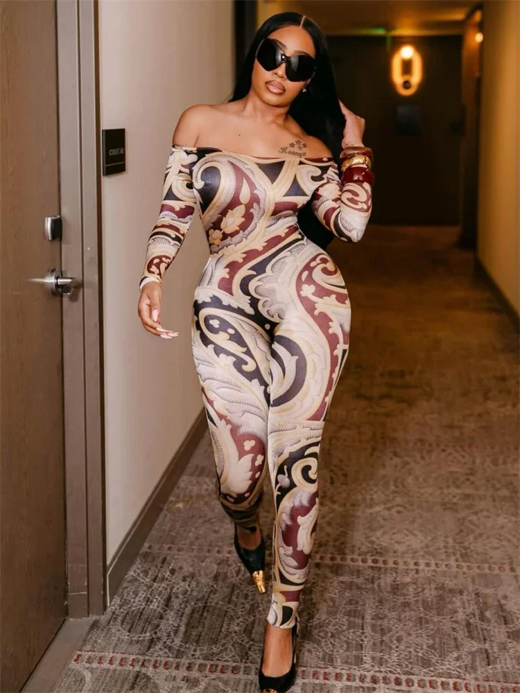 Комбинезон с разрезным вырезом, женский хипстерский комбинезон с ярким принтом и длинными рукавами, эластичный, облегающий, для фитнеса, тренировок, тонкая уличная одежда