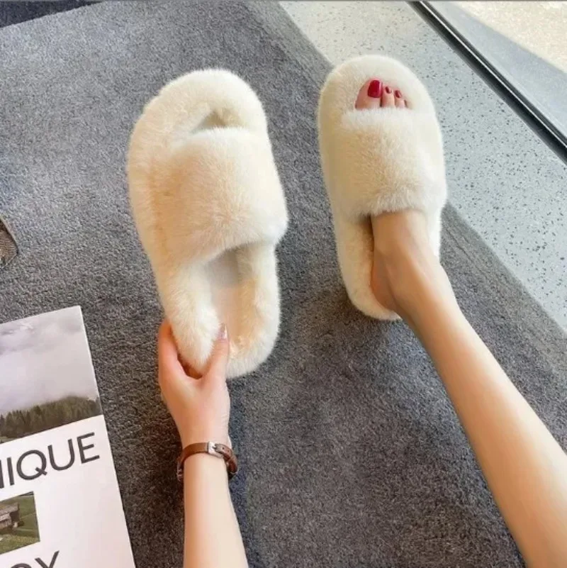 Fashion One Word Thick Fur Slippers Double Fur Slippers Casual Home Cotton Shoes for Women Flat Plush Cross Straps Slippers2024