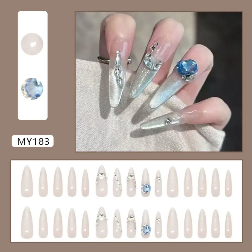 30 pçs longo amêndoa stiletto unhas falsas francês cintilante luar imprensa em unhas destacável olho de gato strass unhas falsas diy