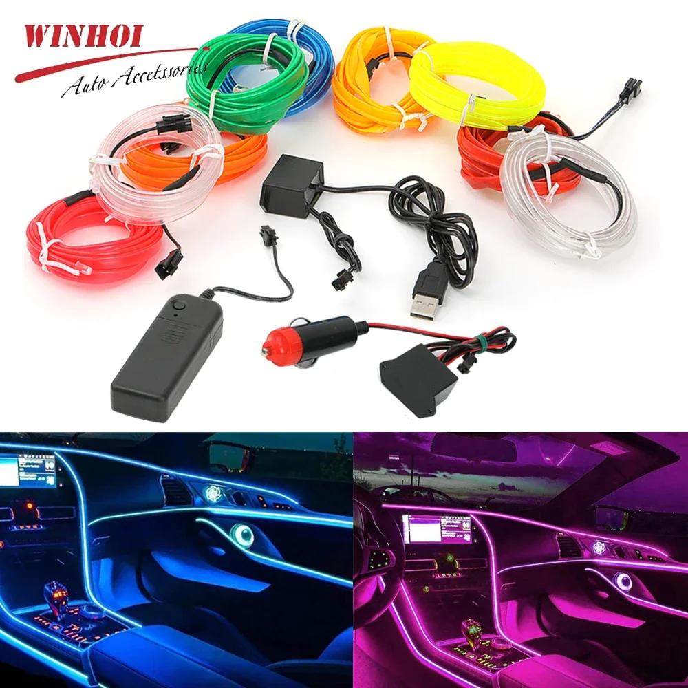 1m/2m/3m/5m Car Interior Neon Strip Lights Flexible EL Wire Rope Tubeambient Light Auto Backlight Decorative Lamp with USB Drive