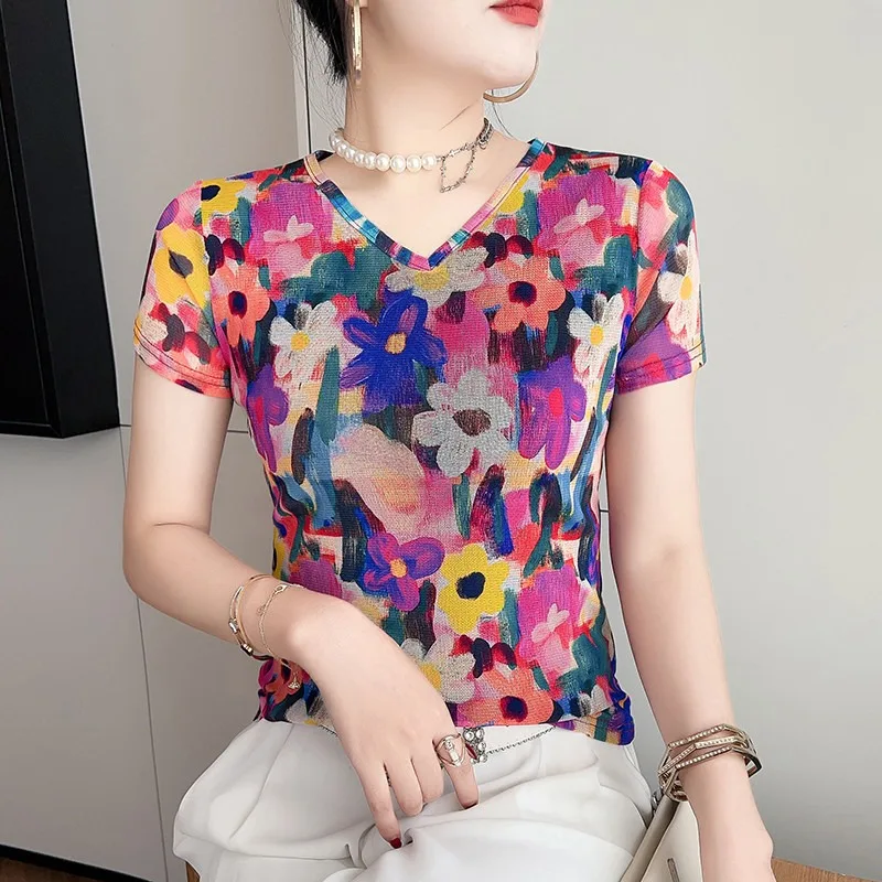 Women Colorful Floral Print V Neck Short Sleeve Top Slim Fashion Casual Sweet All-match Summer Basic Blouse