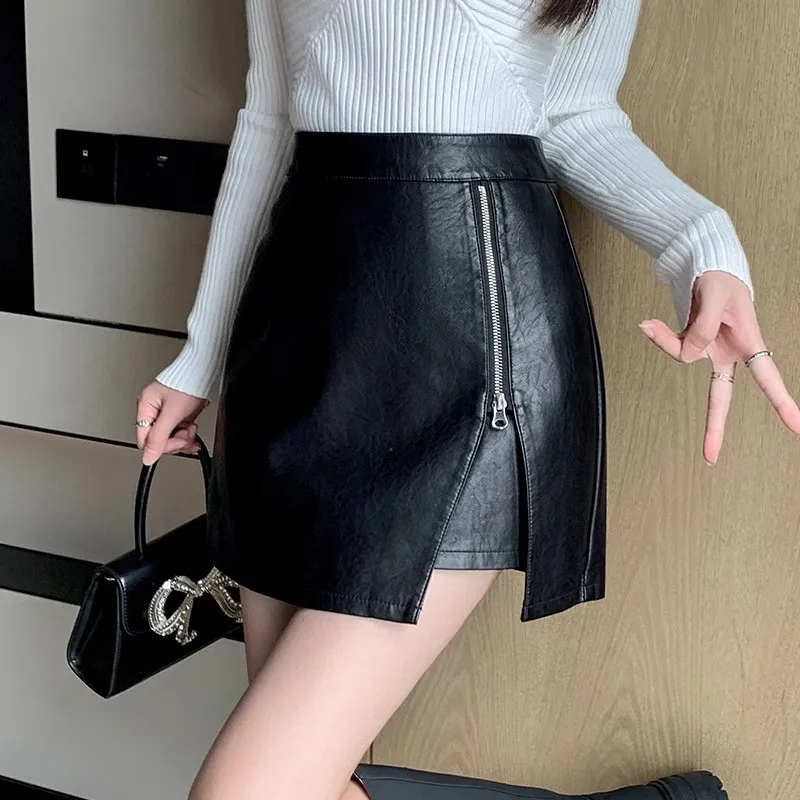 

Women's Leather Mini Skirt2023New Autumn Winter High Waist Slimming Irregular SplitaBodycon Skirt Short Skirt