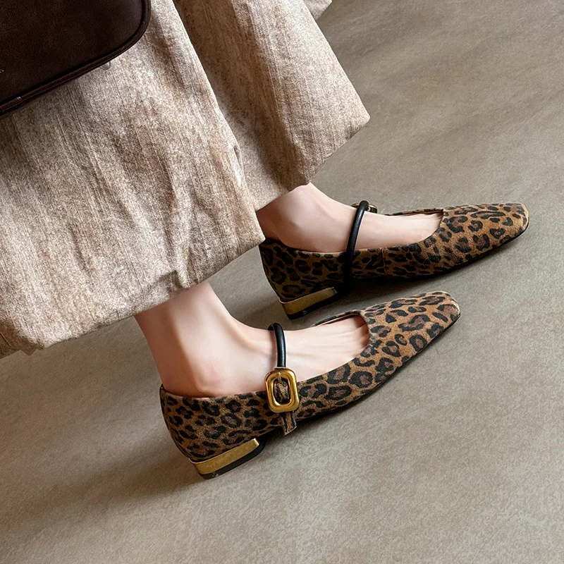 

Genuine Leather Mary Jane Flats Leopard Print Single Strap Sweet Vintage Style Casual Shoes for Women