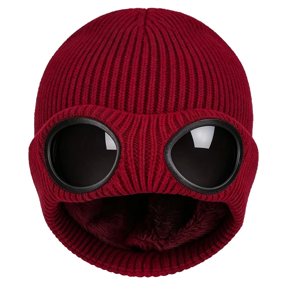 Knit Beanie Hat with Goggles Windproof Skull Cap for Men Women Fleece Lined Acrylic Warm Winter Hat Less Static Stretch Black, image 9