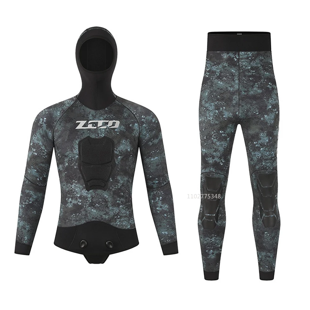 3.5MM Neoprene Spearfishing Wetsuit Surf Suits Hooded 2 Pieces Camouflage Hunting Diving Suit for Cool Water Freediving Snorkel