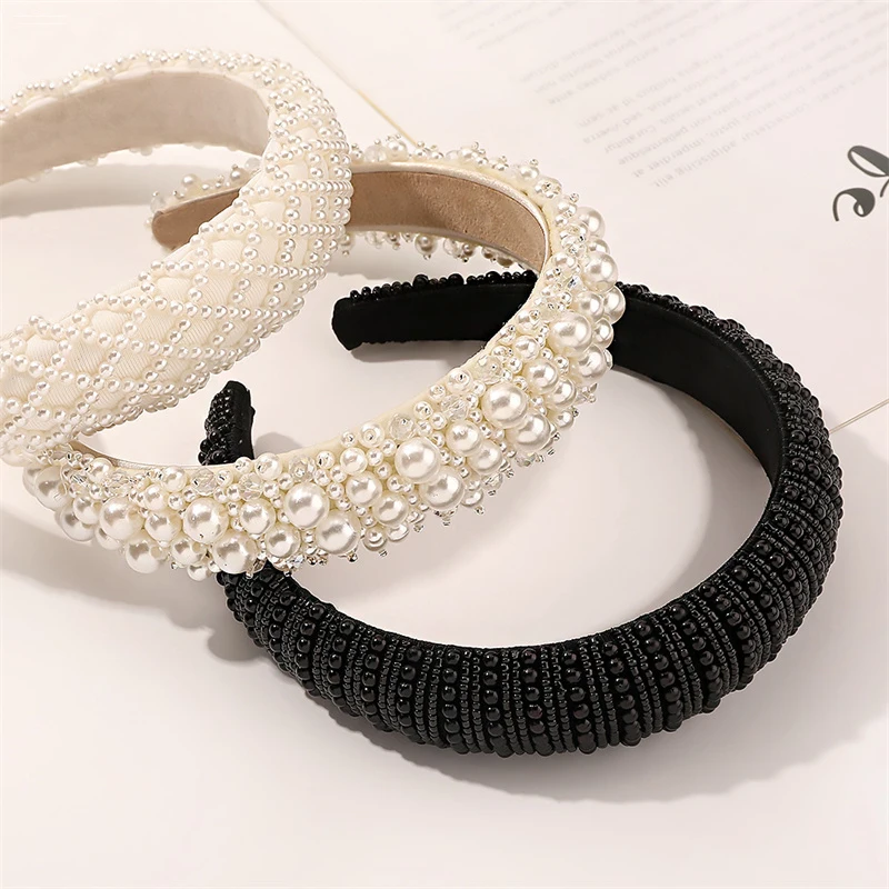 Diademas anchas de perlas de lujo para mujeres y niñas, diademas de moda, bandas para el cabello femeninas, accesorios para el cabello, Aro para la