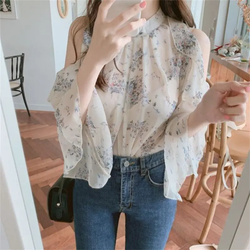 Blusas Mujer De Moda 2024 Sexy Off Shoulder Summer Shirt Chiffon Blouse Pullover Women Floral Loose See-though Ruffle Tops