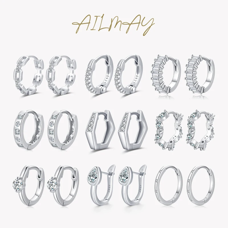 Ailmay Fashion Silver Sparkling Wedding Earring 925 Sterling Silver Circle Clear CZ Hoop Earrings For Women Wedding Fine Jewelry