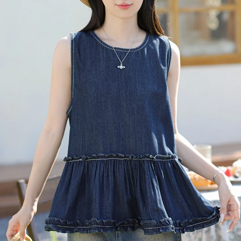 خمر الكشكشة أكمام المرأة سترة جينز القمم 2025 جديد الصلبة عادية فضفاض س الرقبة الجينز تي شيرت الإناث