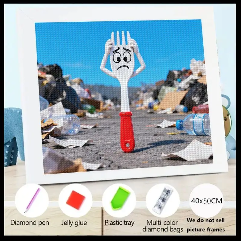 

1PC 5D DIY Full Drill Diamond Painting Kit, Featuring Toy Story 4's Forky Cartoon Character Looking Sad in a Trash-Filled Enviro