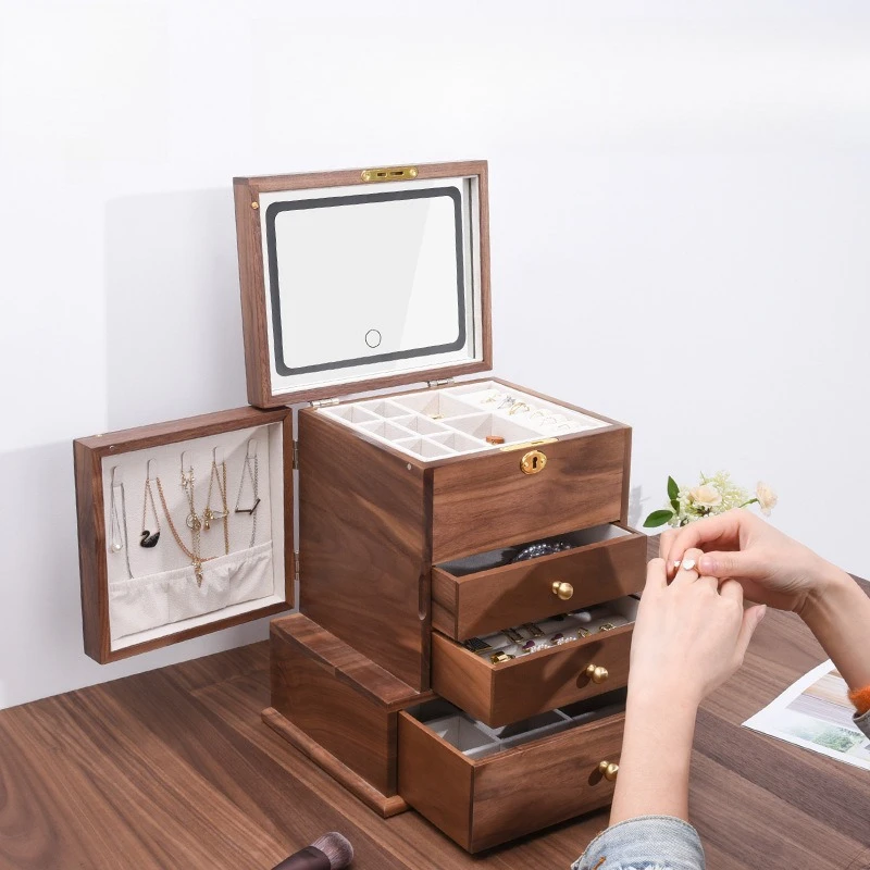 Solid Wood Jewellery Box Earrings Bracelet Necklace Storage Box Luxury Dustproof LED Display Case Large Capacity Jewelry Boxes