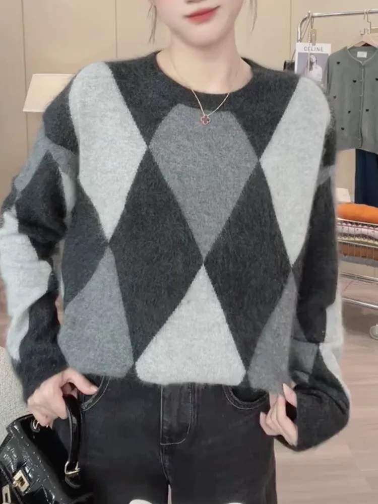 

Корейский вязаный свитер с круглым вырезом для женщин, модный, с ромбовидным узором, больших размеров, теплый, осенне-зимний, новинка