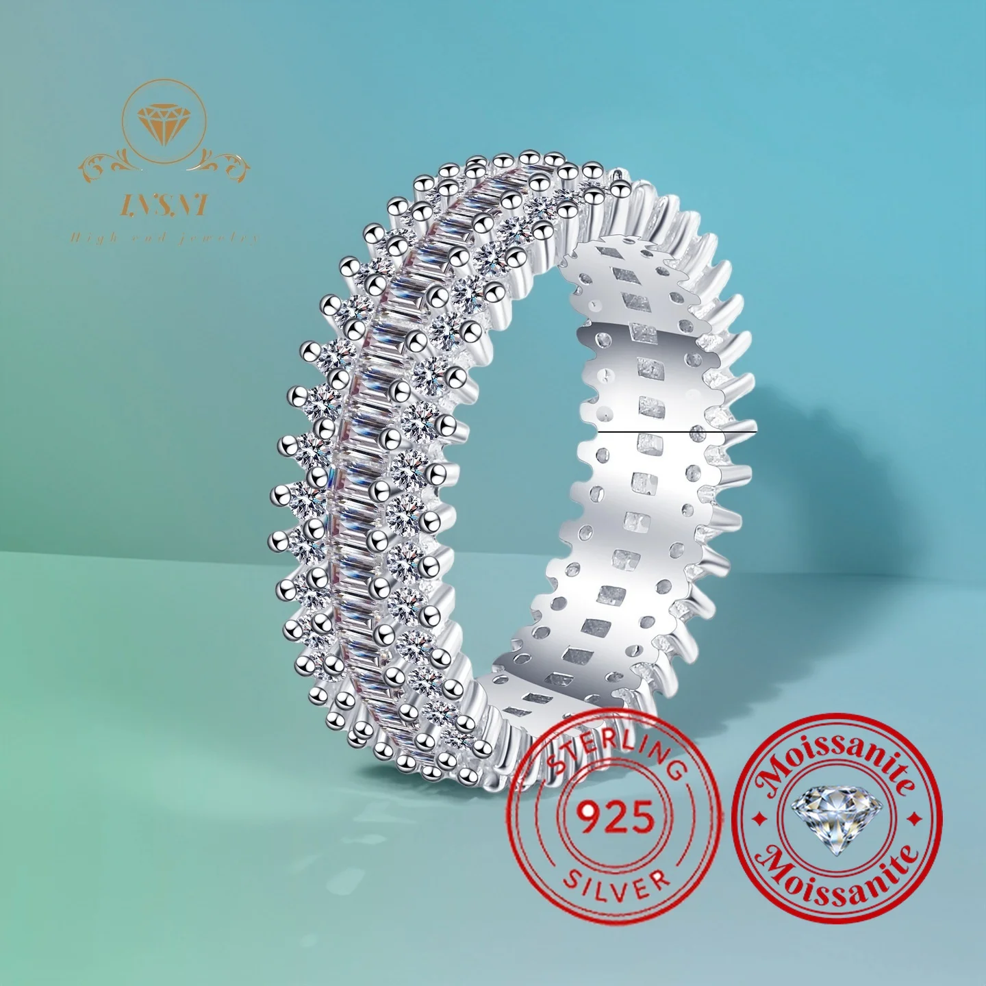 

S925 Sterling Silver Full Moissanite Ring for Women, Rectangular Diamond Eternity Band, Gorgeous Luxury Trendy Jewelry Gift