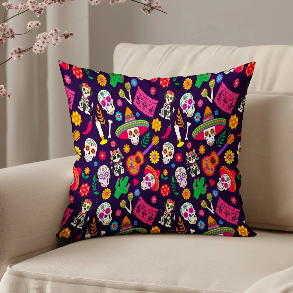 Square Throw Pillow Case Dark Purple Mexican Day Of The Dead Sugar Skull Sombrero Guitar Cactus Floral Print Decorative Cushion