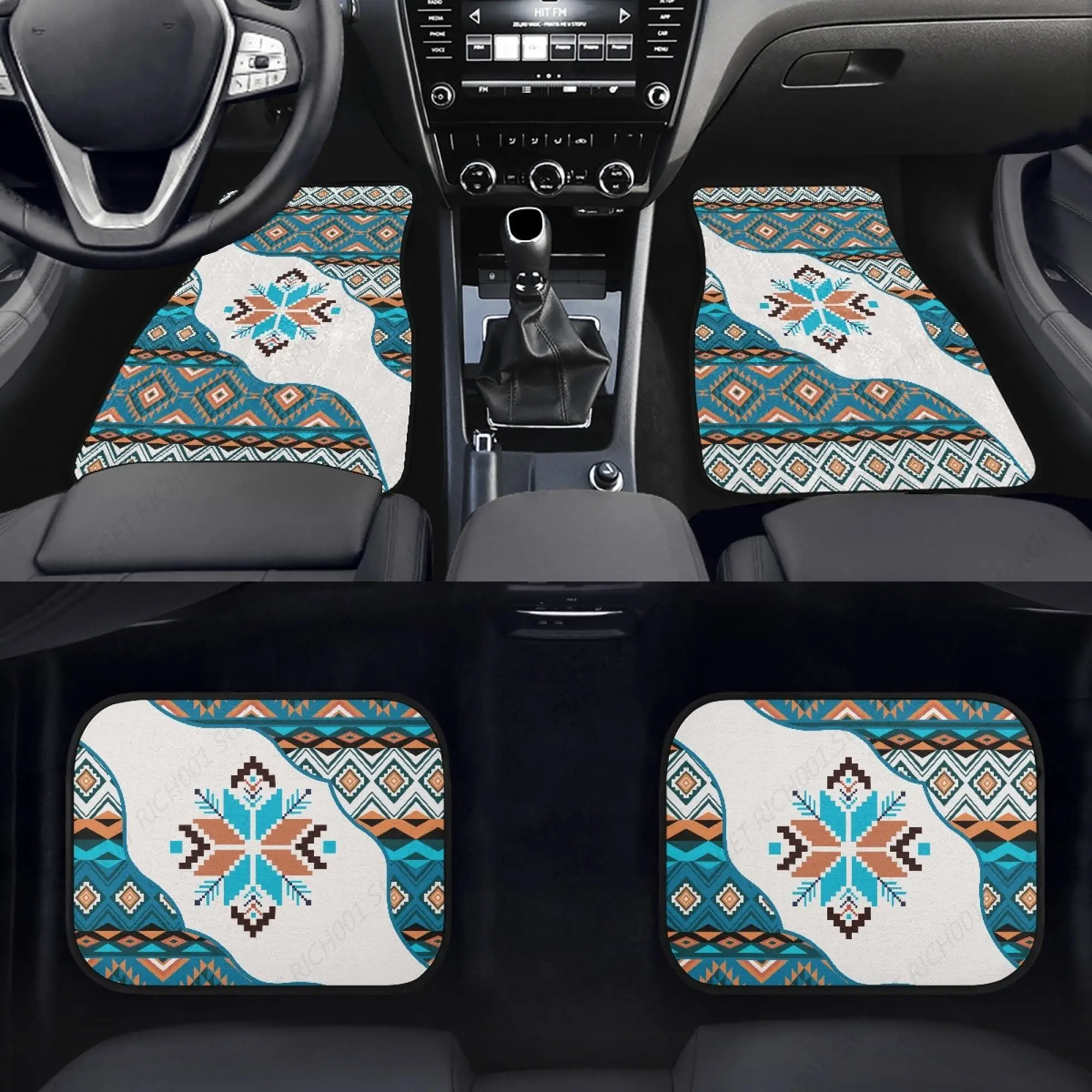 Southwestern Aztec Car Floor Mats 4 Piece Sets Front/Rear Carpets Interior Decor Accessory Universal Auto Protection