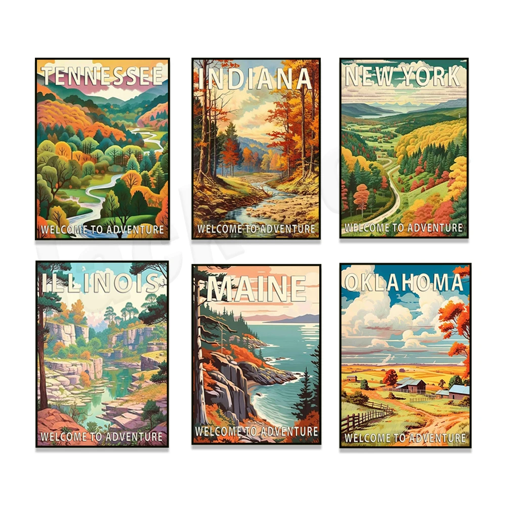 Indiana, Connecticut, Oklahoma, Minnesota, Tennessee, Illinois, Arizona, Idaho, Washington state scenic national park posters