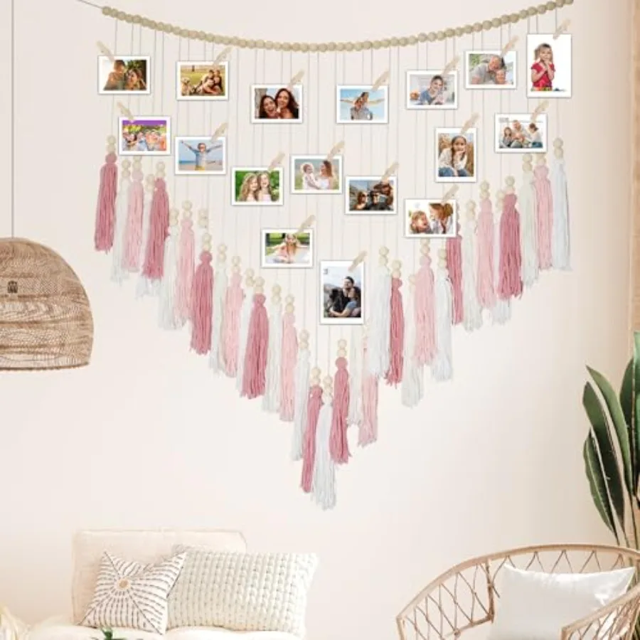 

Macrame Hanging Photo Display Wall Decor Macrame Photo Wall Hanging Boho Room Bedroom Wooden Beads Garland Picture Holder Photo