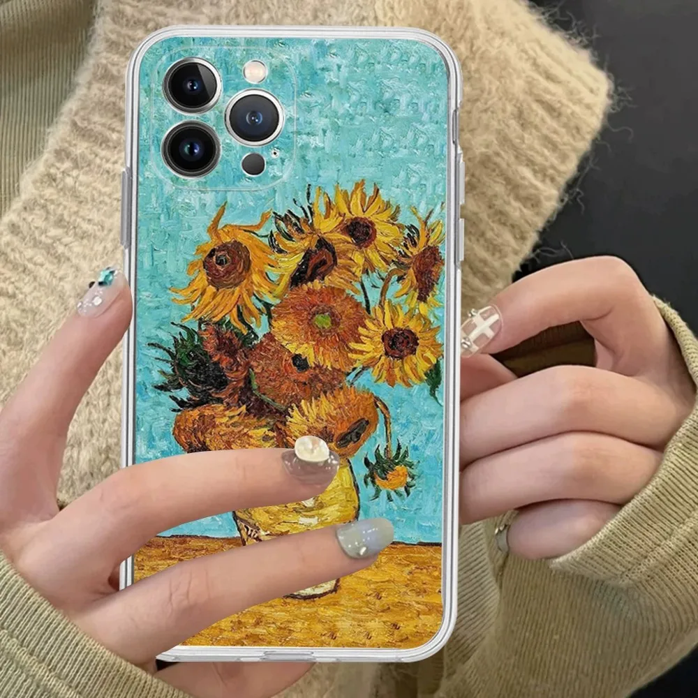 Art Van Gogh Starry Sunflower Phone Case Silicone Soft For Iphone 16 15 14 13 12 11 Pro Mini XS MAX Plus X Cover