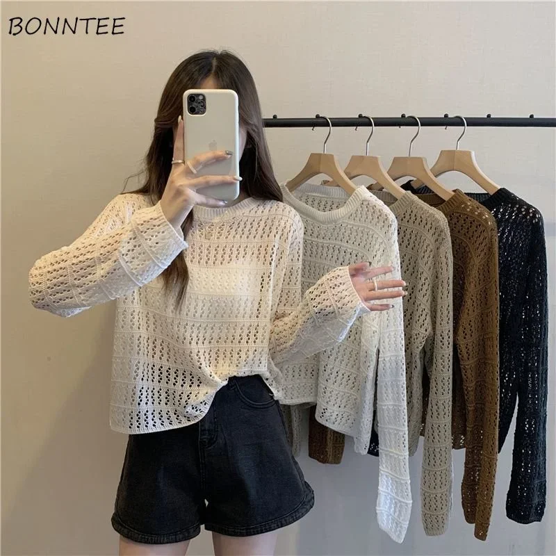 

Pullovers Women 5-colors Hollow Out Knitted Summer Sun-proof Casual Thin Temperament Simple All-match Fashion Ulzzang Vintage