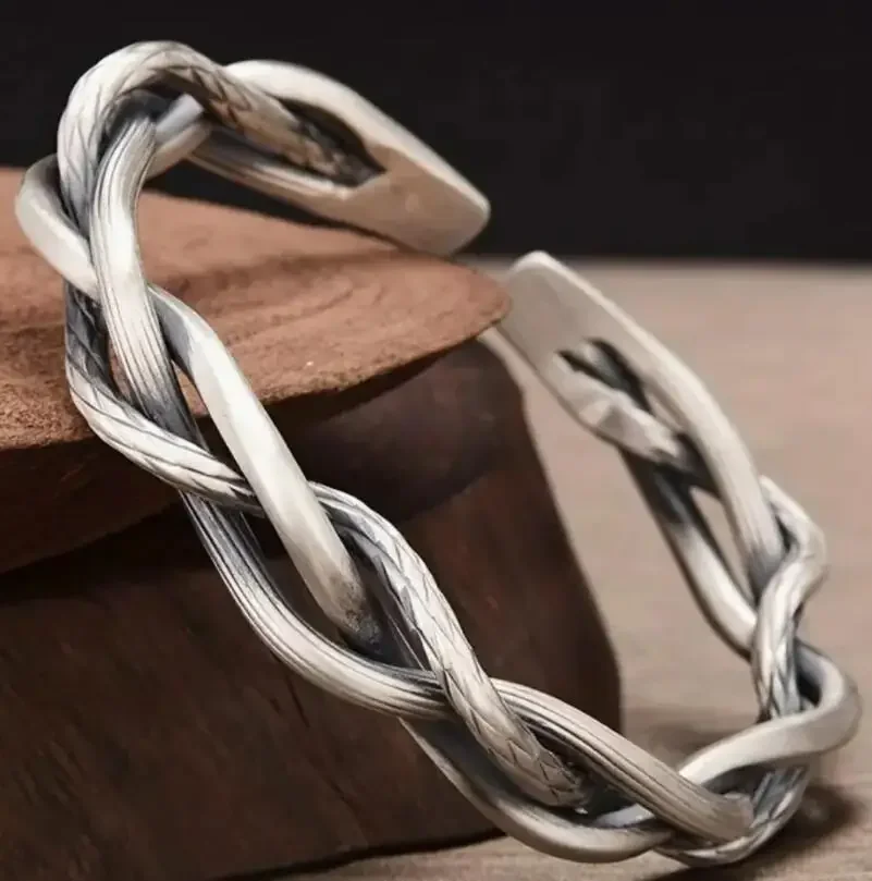 Vintage Sliver Color Simple Woven Fried Dough Twists Open Bracelet For Women Party Accessories Dangle Custom Jewelry