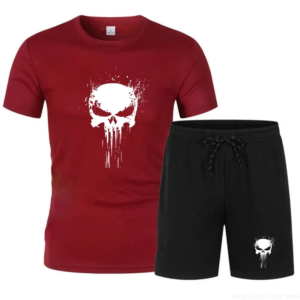 Men\'s skull printed sportswear, short sleeved T-shirt and shorts, two piece set of sportswear for cycling and jogging