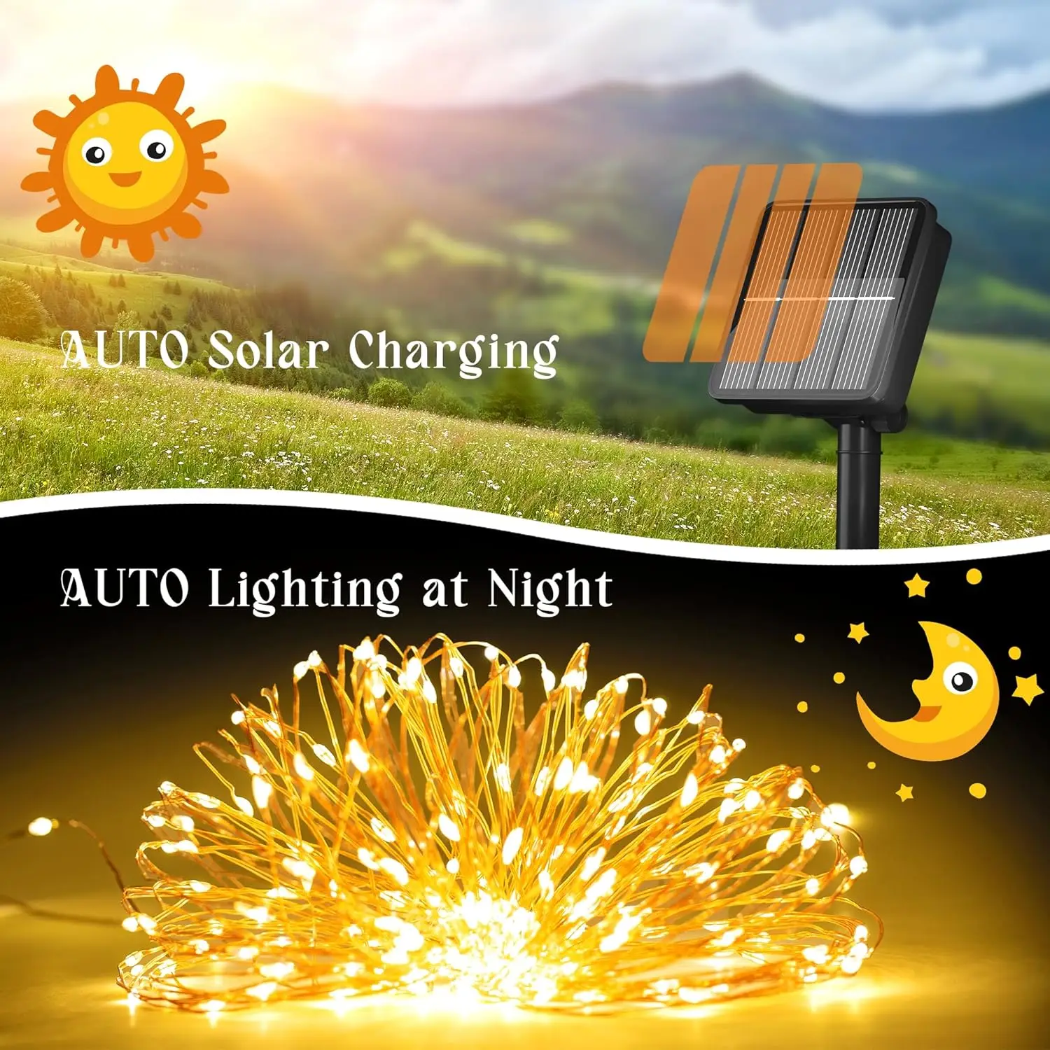 Guirnalda de luces LED solares para exteriores, paquete de 4, 400 luces impermeables para vacaciones, fiesta de Navidad, jardín, cobre