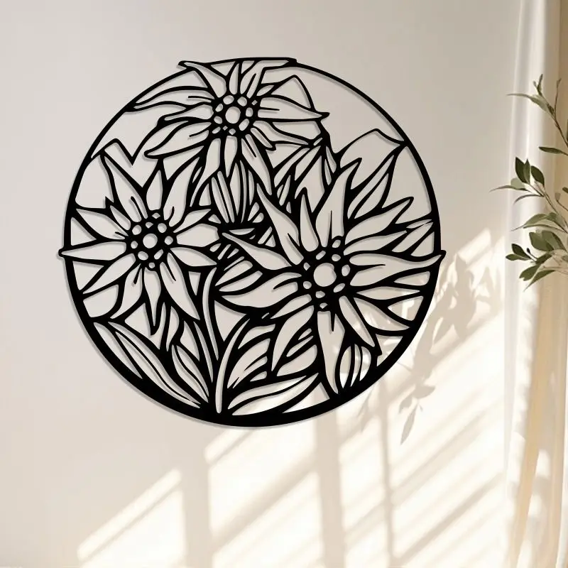 CIFbuy Metal Wall Art Edelweiss Round Frame Vintage Iron Decor For Home Garden Living Room Bedroom Hallway Farmhouse Rustic