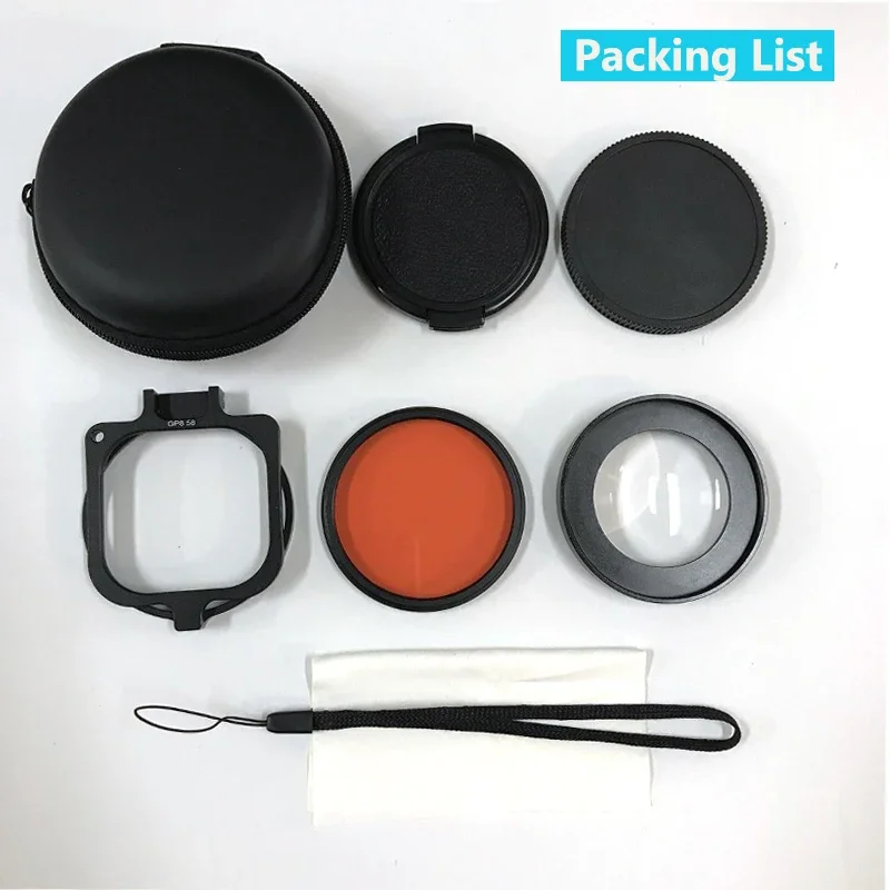 16x HD Macro Lens + Red Purple Diving Filter 58mm Adapter Ring Lens Cap for GoPro Hero 10 9 8 Waterproof Housing Case Black