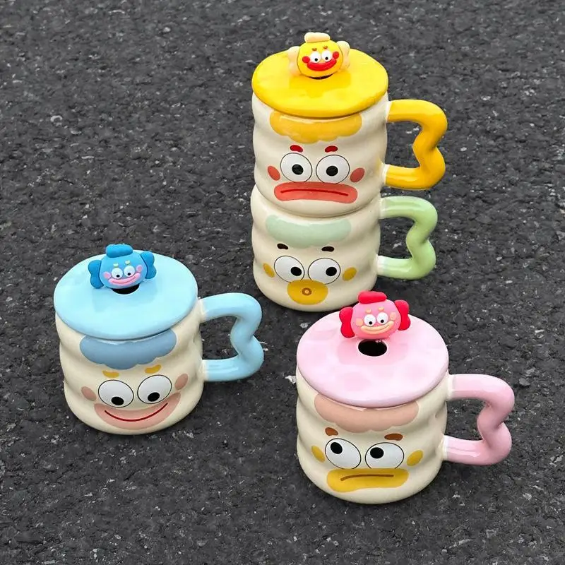 Macaron Hangyodon Mug Cartoon Doll with Lid Spoon Ceramic Milk Coffee Office Girl Creative Afternoon Tea Kawaii Cup Set for Gift