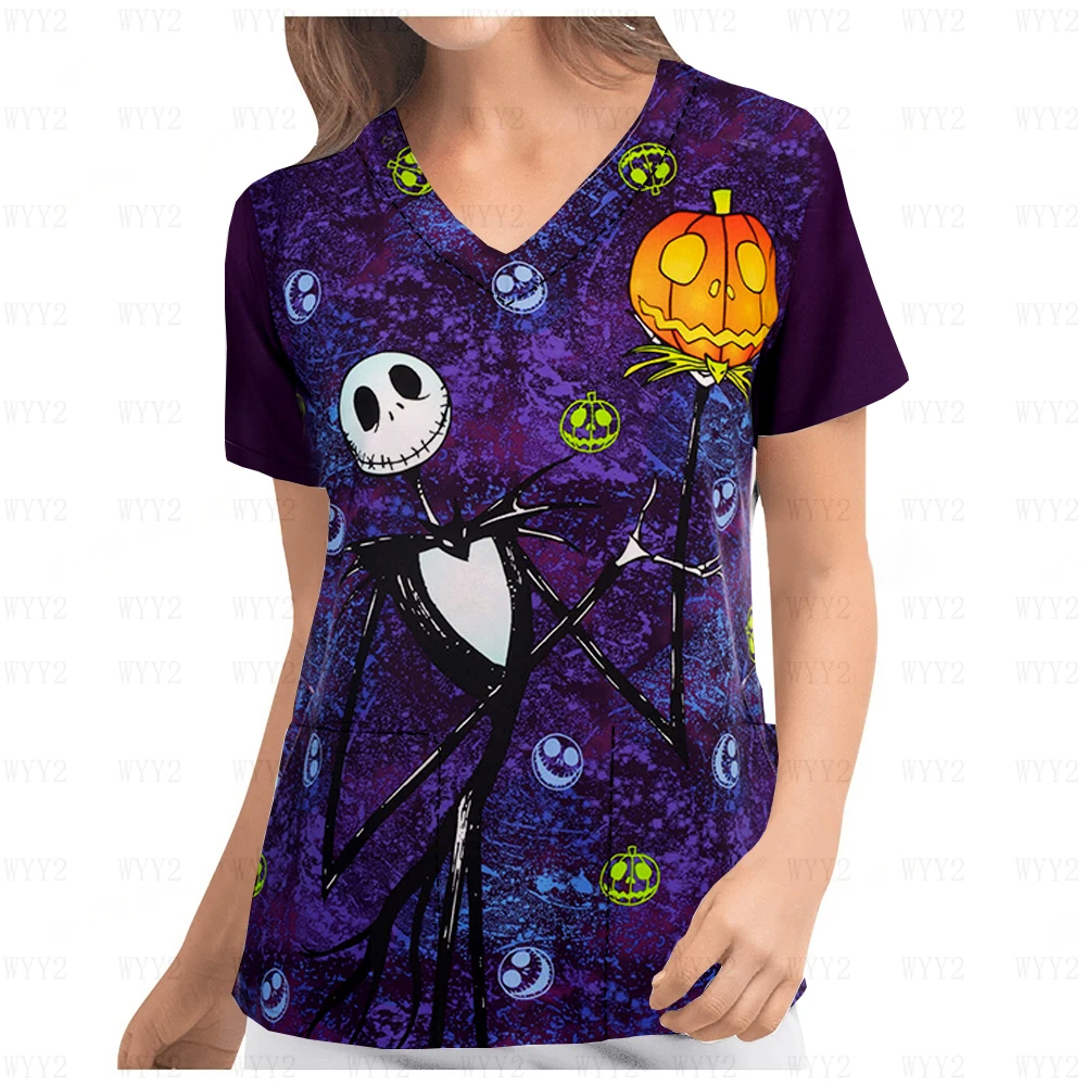 Halloween V-Neck Print Scrub Top Cartoon Print Disney Dental Beauty Salon Commuter Women Pocket Work T-shirt Uniform 2024 Summer