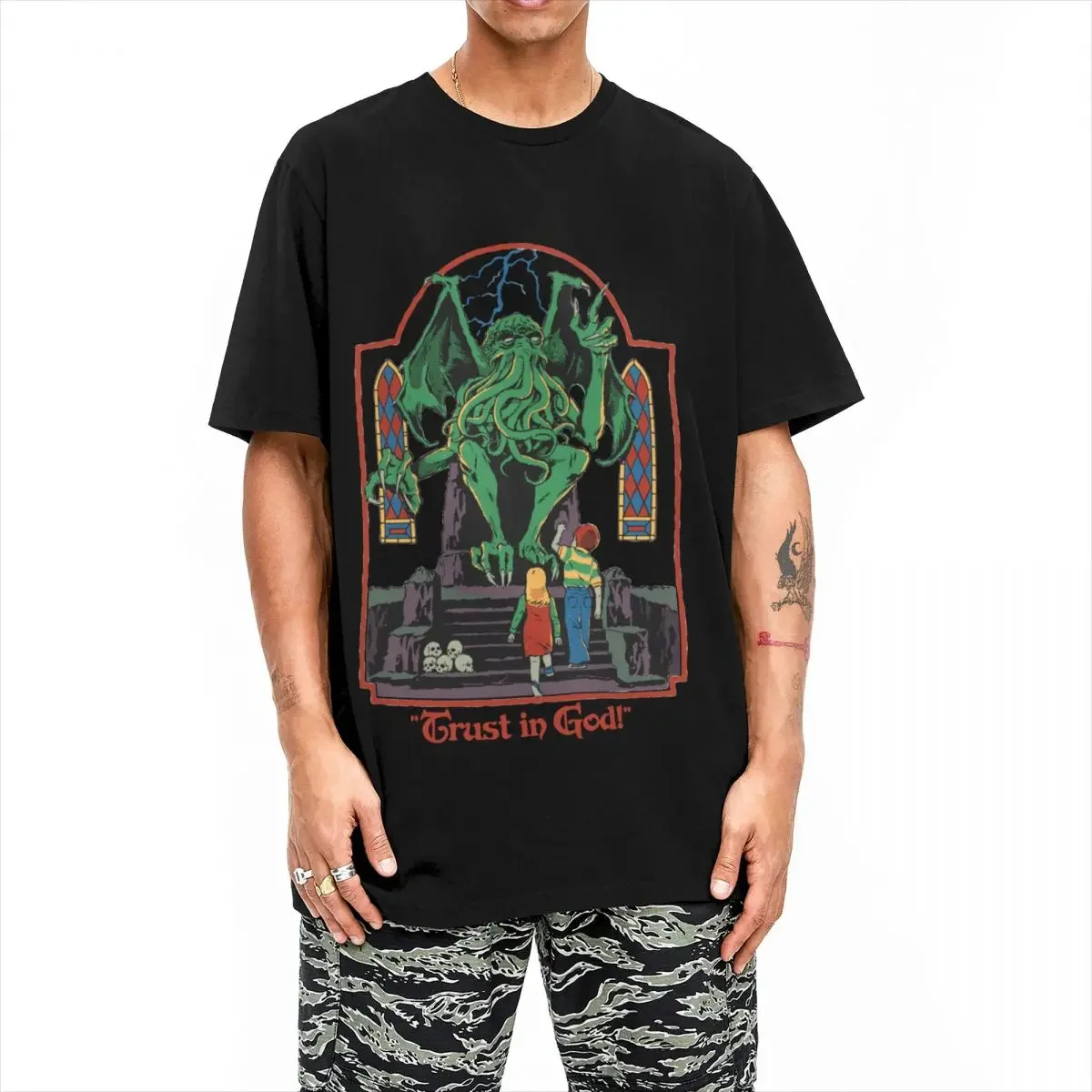 Trust In God T Shirts for Men Cotton Novelty T-Shirt Halloween Retro Cthulhu Lovecraft Occult Tee Shirt Short Sleeve Clothes