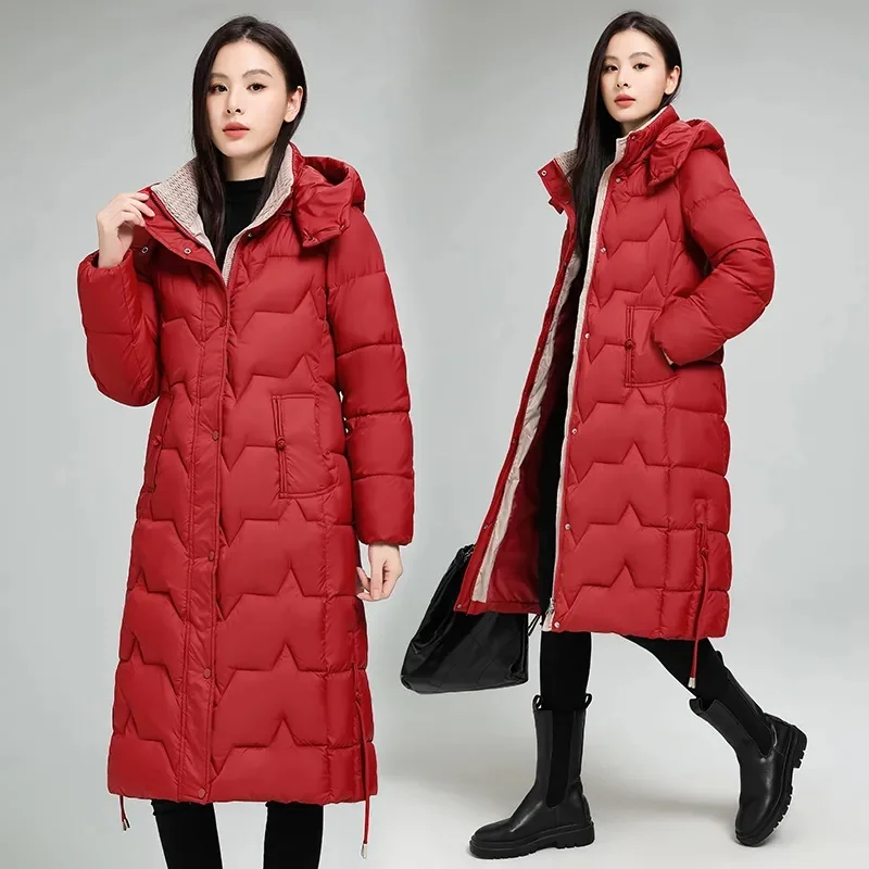 Długi płaszcz zimowy damski koreański 2025 z kapturem, parki, ciepły, gruby, czarny, beżowy, wiatroodporny, płaszcz puchowy z bawełny, odzież wierzchnia