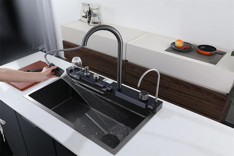 Integrated drainage of the sink, faucet, waterfall, water outlet, digital display, kitchen sink, vegetable basin, sink