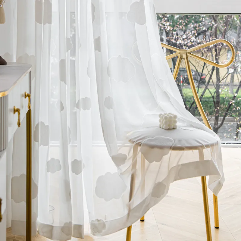 3D Cloud Embroidered Tulle Curtain For Living Room Bedroom Japanese Simple White Flocking Cartoon Sheer Drapes For Children Room